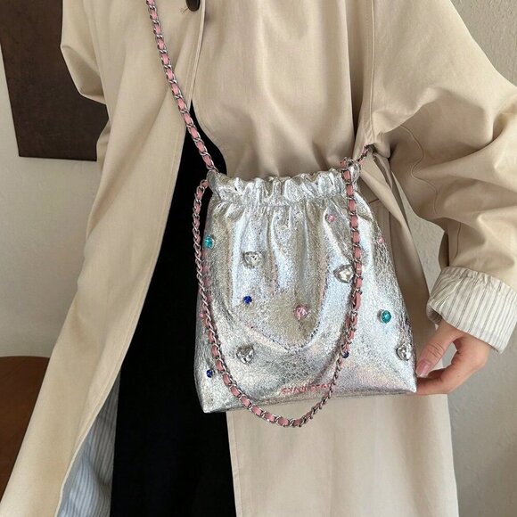 Silver Casual Women's Rhinestone Drawstring Shoulder Bag - Picture 2 of 7